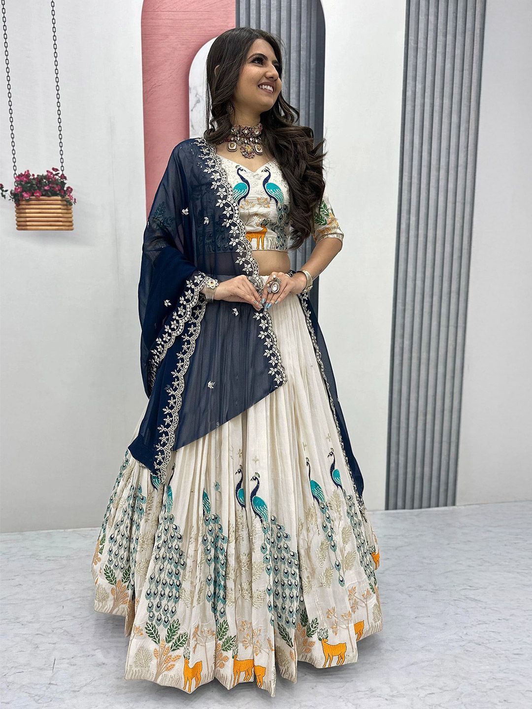 1kAyhSUf_9864eabf2b3c426da009174e3793021d.jpg Floral Embroidered Sequinned Semi-Stitched Lehenga & Unstitched Blouse With Dupatta - Image 1