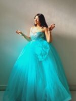 Women Shoulder Straps Floral Net Applique Maxi Dress