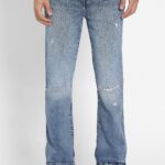 Men Bootcut Low Distress Light Fade Jeans