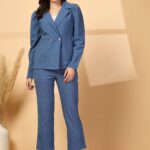 Blue Lapel Collar Long Sleeves Pure Cotton Blazer With Trouser