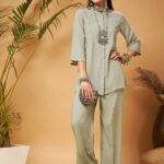 Taupe Embroidered Tunic With Palazzos