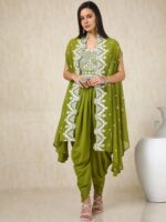 Green Floral Embroidered Round Neck Top & Patiala With Shrug