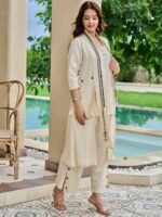 Embellished Round Neck Tunic & Trousers With Shrug Co-Ords - Image 2